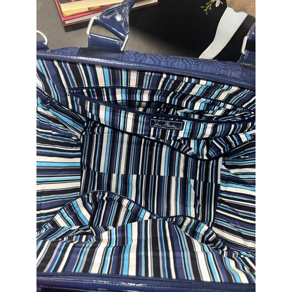 Vera Bradley Navy Quilted Travel Tote With Striped Lining & Leather Handles - Picture 4 of 10